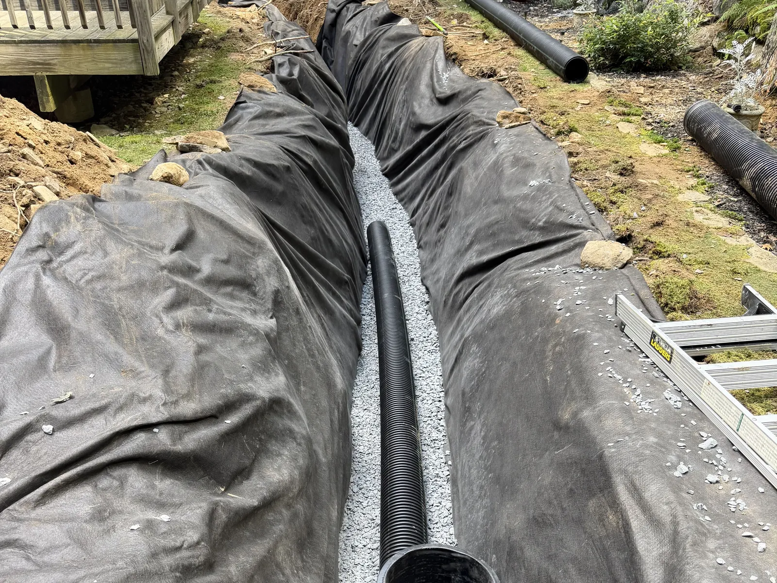 Perforated pipe bedded in clean stone inside a filter fabric lined trench